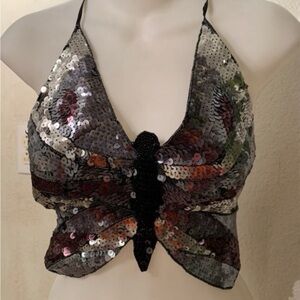 Sequin Butterfly Strappy Crop EDM Rave Top